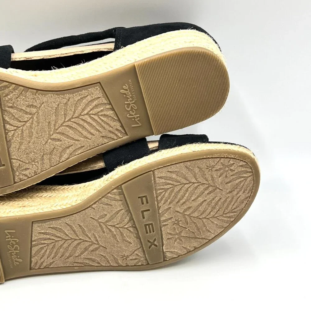 Lifestride Womens Size 6.5 Siesta Black Espadrilles Wedges Sandals‎ Shoes
